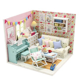 1:18 Miniature DIY Dollhouse Kit - Family Room with Blue Piano - with Dust Cover - Architecture Model kit (English Manual)