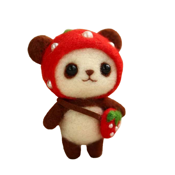 Wool Felting DIY Kit with Tools – Panda Bear with Red Strawberry Hat and Bag (with English Instructions) – Great Starter kit