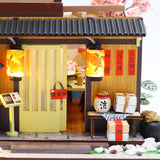 1:24 Boutique Miniature DIY Dollhouse Kit - Wooden Japanese Sushi Shop with Revolving Sushi Bar and Dust Cover