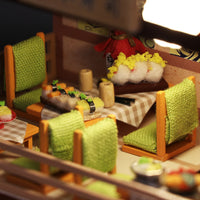 1:24 Boutique Miniature DIY Dollhouse Kit - Wooden Japanese Sushi Shop with Revolving Sushi Bar and Dust Cover