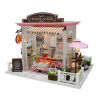 1:24 Miniature DIY Dollhouse Kit Wooden European Chocolatier and Confectionery Shop with Musical Mechanism and Dust Cover - Architecture Model kit (English Manual)