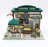1:24 Miniature DIY Dollhouse Kit Wooden European Coffee Shop with Musical Mechanism and Dust Cover - Architecture Model kit (English Manual)