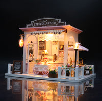 1:24 Miniature DIY Dollhouse Kit Wooden European Chocolatier and Confectionery Shop with Musical Mechanism and Dust Cover - Architecture Model kit (English Manual)