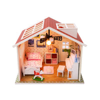 1:18 Miniature Dollhouse DIY Kit – Pink Roof with Skylights, Ceiling Fan, LED Lights, Piano, Rocking Horse, and Bedroom Furniture (Assembly Required)