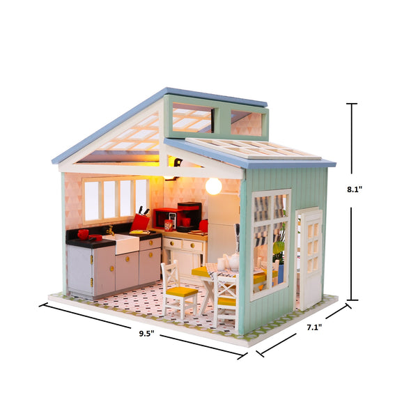 1:18 Miniature Dollhouse DIY Kit – Blue Roof with Skylights, Ceiling Fan, LED Lights, Kitchen and Dining Furnitures (Assembly Required)