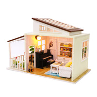 1:18 Miniature Dollhouse DIY Kit – Brown Roof House with Patio, Skylight, LED Lights, Piano, Guitar, and Furniture (Assembly Required)
