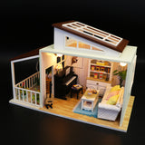 1:18 Miniature Dollhouse DIY Kit – Brown Roof House with Patio, Skylight, LED Lights, Piano, Guitar, and Furniture (Assembly Required)