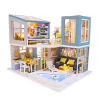 1:24 Miniature Dollhouse DIY Kit - Wooden Blue Townhouse with Pool + Dust Cover (Assembly Required)
