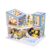 1:24 Miniature Dollhouse DIY Kit - Wooden Blue Townhouse with Pool + Dust Cover (Assembly Required)