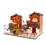1:24 Miniature DIY Dollhouse Kit - Wooden Chinese Villas with landscaping and boat - with Dust Cover - Architecture Model kit (English Manual)