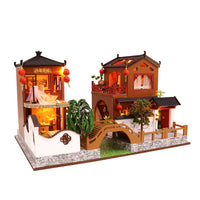 1:24 Miniature DIY Dollhouse Kit - Wooden Chinese Villas with landscaping and boat - with Dust Cover - Architecture Model kit (English Manual)