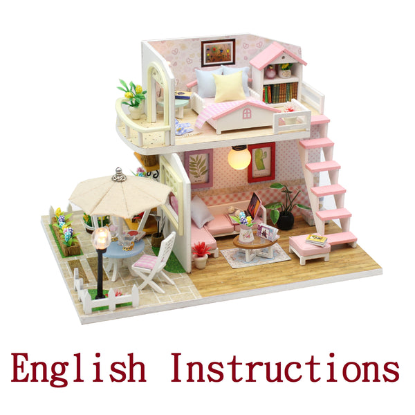 FREE download with code - [English Instructions Only] Miniature Wooden Dollhouse Do-It-Yourself Kit - Pink 2-story Loft with Patio with dust Cover