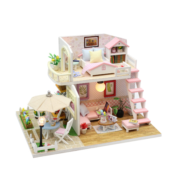 1:24 Miniature Dollhouse DIY Kit – Pink 2-Story Home with Patio - with Dust Cover - Architecture Model kit (English Manual)