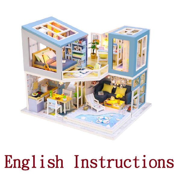FREE download with code - [English Instructions Only] Miniature Dollhouse Blue Roof Villa with Pool Do-It-Yourself Kit with Dust Cover