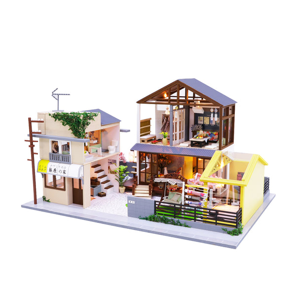 1:24 Miniature DIY Dollhouse Kit - Wooden Japanese Home with a Garage or Entertainment Room - with Dust Cover - Architecture Model kit (English Manual)