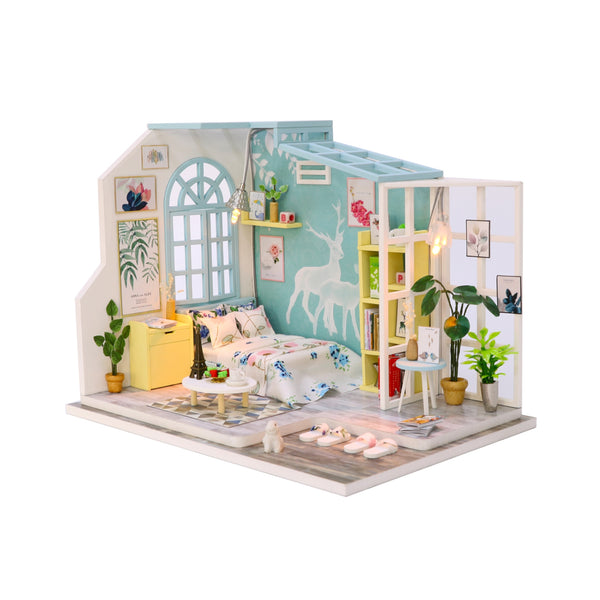 1:24 Miniature DIY Dollhouse Kit - Wooden Blue Sun Room - with Dust Cover - Architecture Model kit (English Manual)